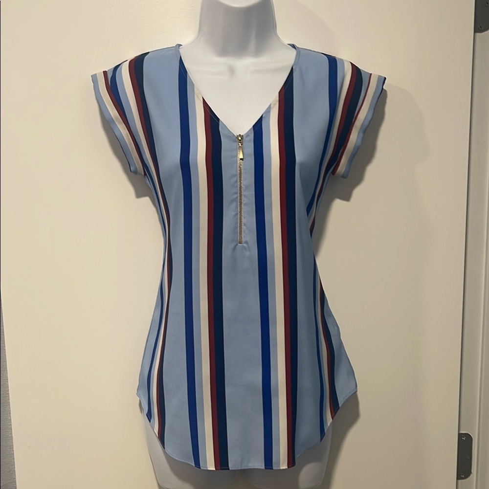 Express Blue and Red Striped V-Neck Blouse